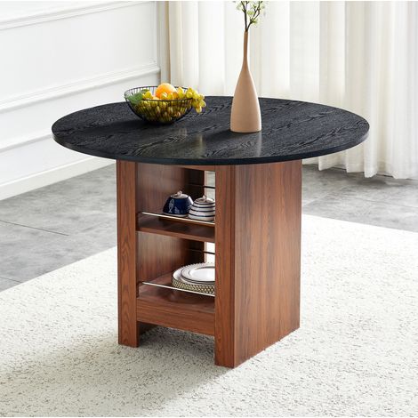 Mesa de comedor redonda 100x100x76 cm negra y nogal en MDF con estantes de almacenaje (1/5)