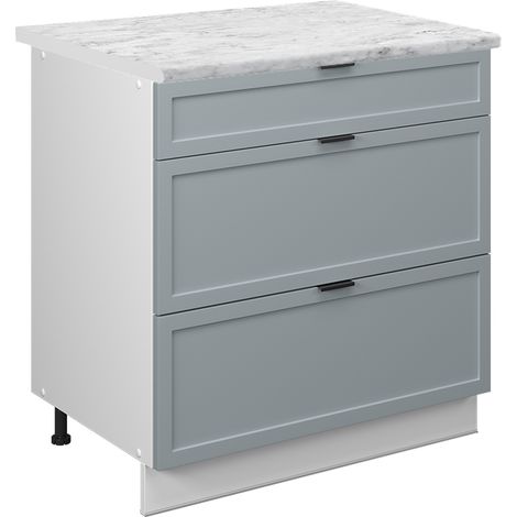 Mueble bajo de cocina Fame-Line, Azul claro-gris, 80 cm con 3 cajones, ET Mármol, Vicco