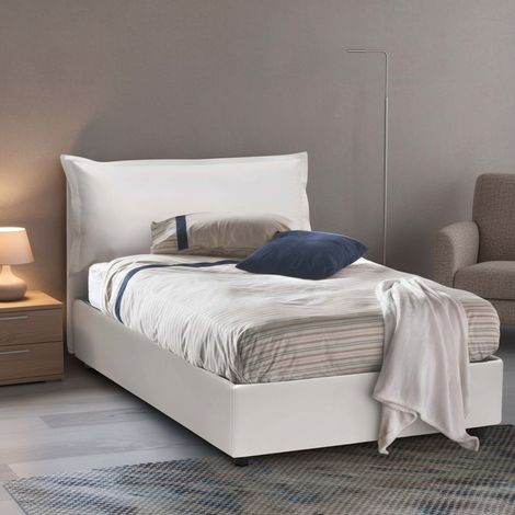 Talamo Italia Cama de plaza y media Letizia, Cama contenedor con tapizado en ecopiel, 100% Made in Italy, Apertura frontal, con colchón 120x200 cm incluido, Blanco, con embalaje reforzado (1/5)
