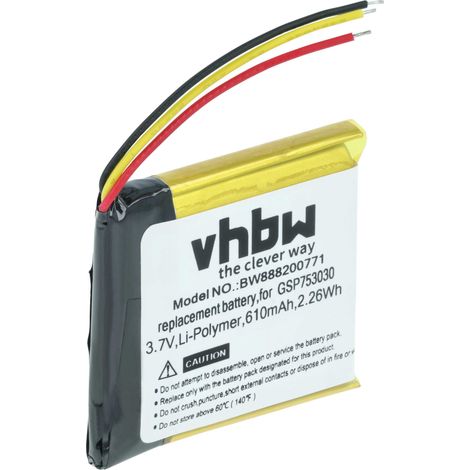 vhbw batteria sostituisce JBL 633331, GSP753030 per auricolari cuffie wireless (610mAh, 3,7V, Li-Poly)