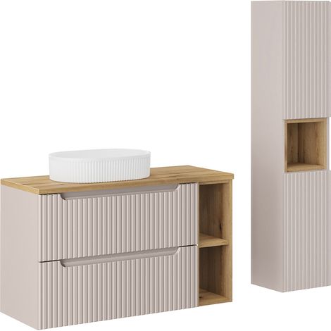 Conjunto mueble lavabo individual 100cm 2 cajones 2 compartimientos y columna Riva Cachemira y Madera