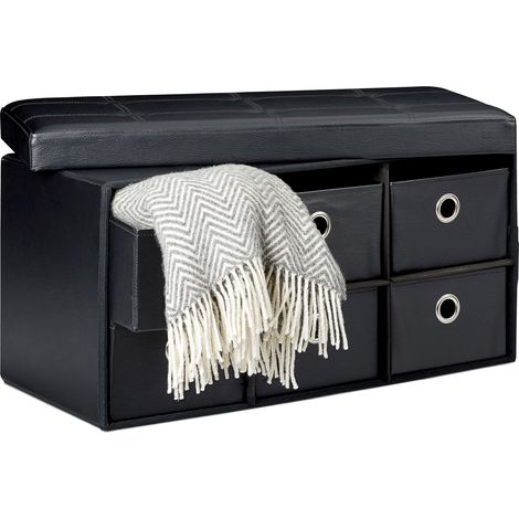 Relaxdays Folding Storage Ottoman Foldaway Seat with 6 Removable Compartments, 38 x 76 x 38 cm, Faux Leather Foldable Blanket Toy Storage Box Seat Bench Pouffe Stool, Black