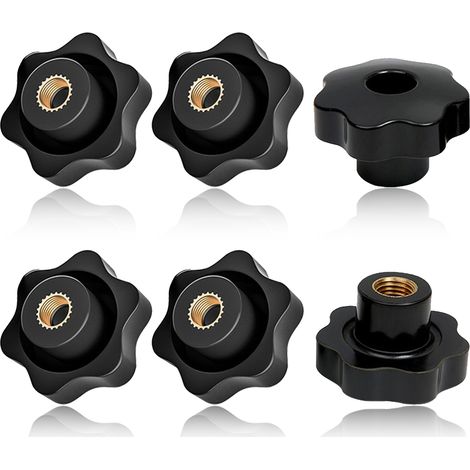 Lot de 6 écrous à molette étoile M6, filetage intérieur noir, corps plastique et laiton, pour équipements mécaniques (1/5)