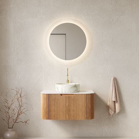 Meuble sous-vasque suspendu 76 cm avec vasque céramique ronde, tiroir soft-close et façade striée bois pour salle de bain (1/5)