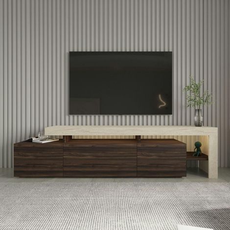 Meuble TV 3 portes décor noyer travertin cadre ouvert AURA