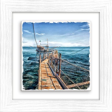 Lupia - Quadro moderno con paesaggi e localismi italiani, Ceramica e Stampa Rilievo, Cornice Legno Shabby Modern bianca, Decorazione Parete, Quadretti Soggiorno, 29x29 cm, PESCARA COSTA TRABOCCO (1/4)