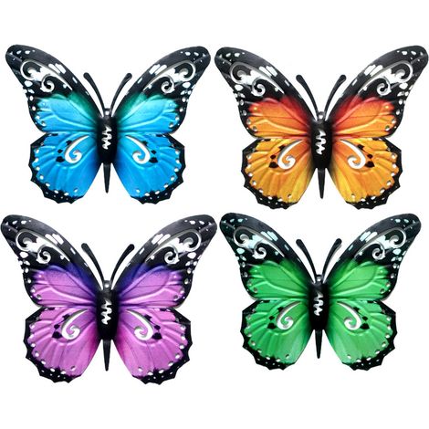 Juego de 4 mariposas metálicas, decoración de pared de doble ala, pintura no tóxica, para uso interior y exterior, jardín y sala de estar. (1/4)