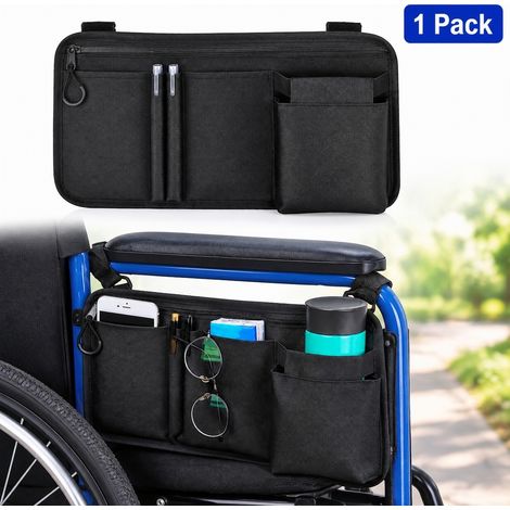 1 Sac latéral pour fauteuil roulant, Organisateur d'accoudoir noir avec poche à gobelet, Emplacements pour stylo et poche à fermeture éclair (1/5)