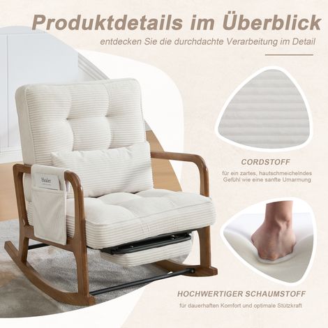 Fauteuil balançoire velours côtelé beige, repose‑pied, poche latérale, coussin lombaire dossier réglable salon chambre enfant (1/5)