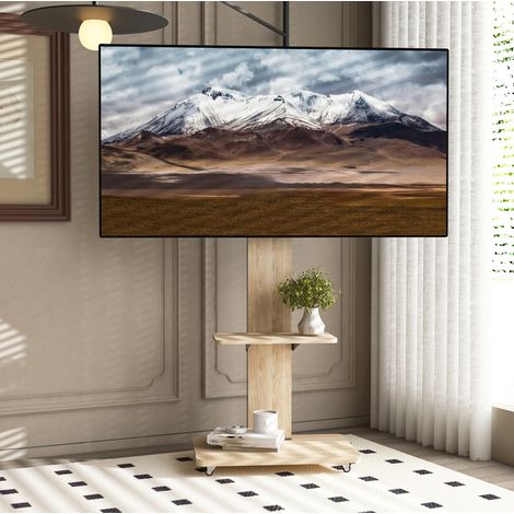 Mueble para TV móvil de MDF y metal color madera natural, para televisores de 32-75 pulgadas, con ruedas bloqueables (1/5)