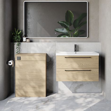 Napoli 390 Cento Light Oak 1400mm Wall Mounted 2 Drawer Vanity Unit and Toilet Suite with Glide Basin - 1400mm - Matt Black 480mm HandleWithout Kingston Toilet Pan