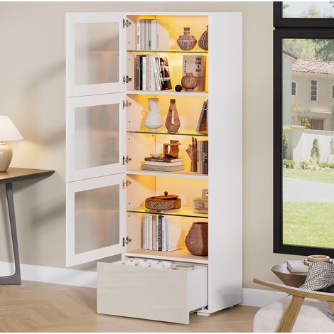 Vitrina 60x40x173 cm blanca en MDF, vidrio y acrílico con LED regulable y 1 cajón (1/5)