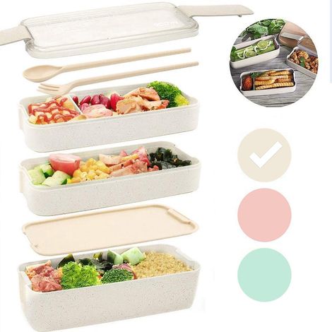 Bento Box Lunchbox Roze met bestek - Magnetron / Vriezer / Vaatwasser bestendig - Bio 3 lagen mealprep container - 900 ml - 3 kleuren - Beige - Groen - Roze[CC] (1/5)