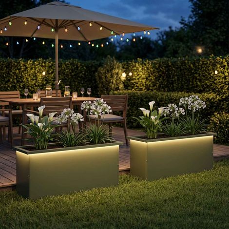 vidaXL Jardinera para jardín con luces LED 2 uds. Verde oliva (1/5)