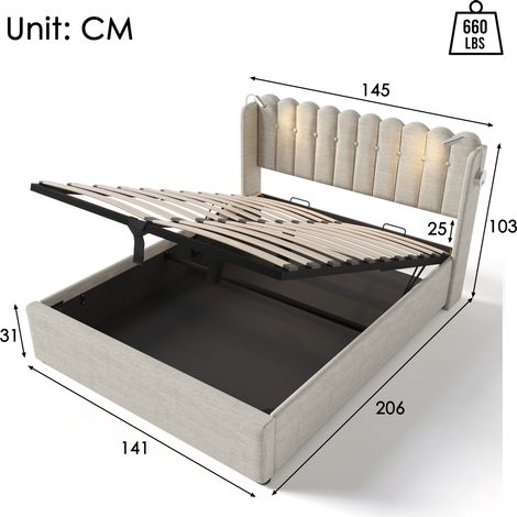 Cadre de lit en lin naturel 140x200cm avec sommier, tête de lit lumineuse et fonction charge, rangement intégré, lit double rembourré pour adolescent (avec matelas) (1/4)