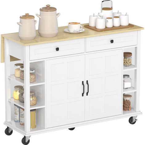 Table de cuisine roulante avec plan de travail pliant, 2 portes à fermeture douce, 2 tiroirs, 6 étagères ouvertes, blanc