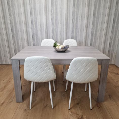 Dining Table and 4 Chairs Grey 4 white Leather Chairs Wood Dining Set Furniture (1/5)