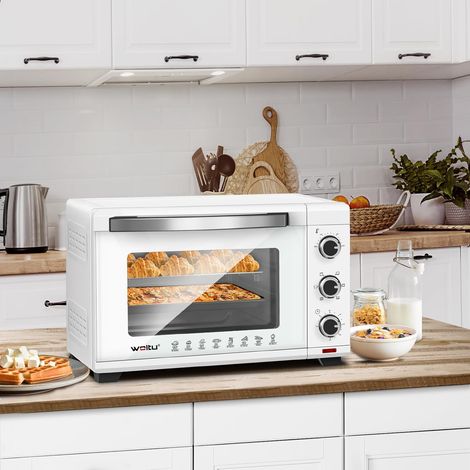 WOLTU Mini Backofen 32 Liter, 1600 Watt Toasterofen Herausnehmbares, 5 Heizmodi, Doppelglastür Pizzaofen mit Drehspieß Backblech Grillrost Krümelblech Rostheber, Weiß