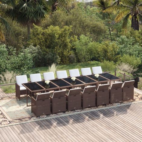 Ensemble Table et Chaise de Jardin 15 pcs - Ensemble à dîner de jardin coussins Résine tressée Marron BV854307 - BonneVie (1/5)
