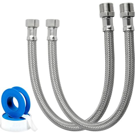 Flexible robinet M1/2-F3/8 rallonge tuyau fileté siphon lavabo salle de bain évier cuisine tuyau d'échappement évier anti-odeur + ruban et joint (flexible M 1/2" F 3/8" - 40 cm) (1/4)
