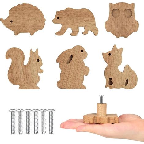Poignée Meuble, 6 Pièces Boutons en Bois Massif, Motif Animaux Mignons, Texture Naturelle, Décoration pour Chambre d'Enfant, Boutons pour Commode (1/5)