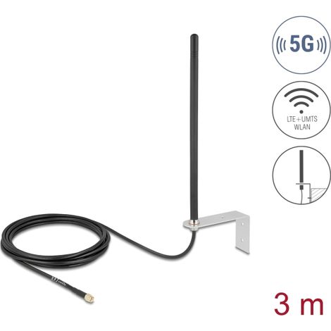Delock 5G LTE Antena SMA macho 3 - 5 dBi omnidireccional fijo con cable de conexiÃ³n RG-174, 3 m montaje en pared negro al aire libre