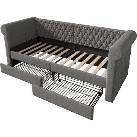 Tagesbett 90x200 cm Grau mit 2 Schubladen, Leinen, Lattenrost aus Holz – MODENUIT (1/5)