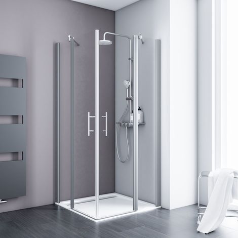 Accès d'angle droit avec portes de douche battantes, verre 5 mm transparent anticalcaire, profilé alu-argenté, Schulte, 80 x 80 x 192 cm