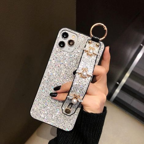 Un support brillant pour iPhone 12/12 Pro, coque antichoc avec chaîne en cristal, parfait pour les femmes et les filles (6,1 pouces). (1/2)
