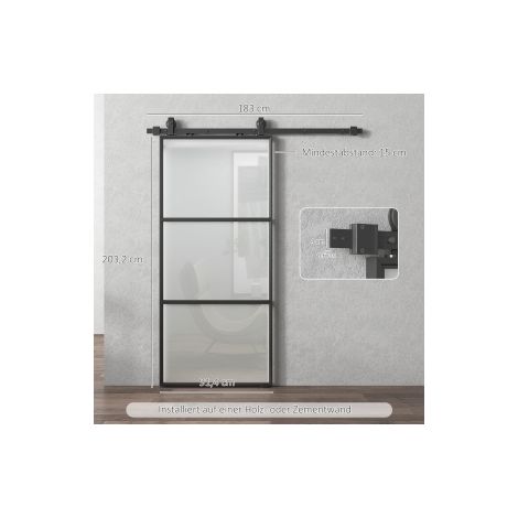 Porte coulissante noire en acier avec verre dépoli, système de rail et fermeture amortie, pour salon, chambre et bureau (1/5)