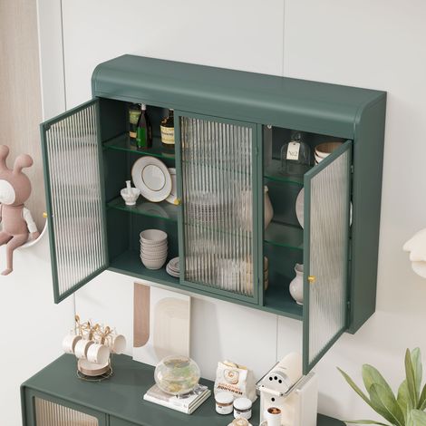 Vetrina in vetro da muro 90x20x70 cm multifunzionale con 3 porte e scaffali di stoccaggio, verde scuro (1/5)