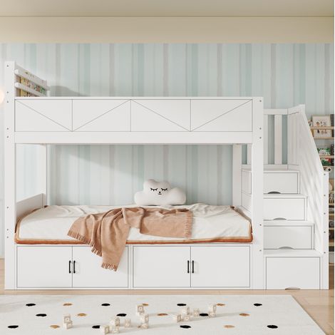 Weißes Etagenbett 90 x 200 cm mit Stauraumtreppe, Schubladen und Regal (1/5)