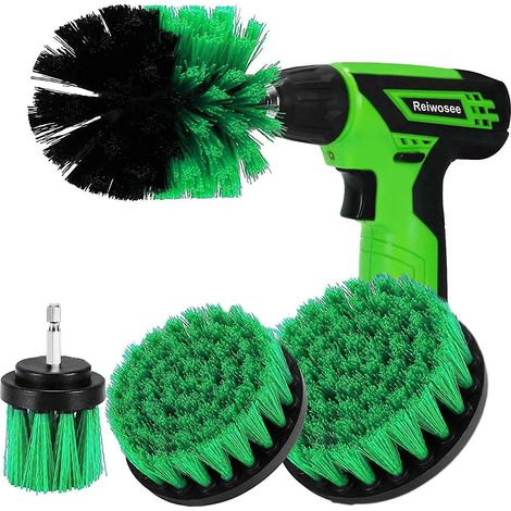 Ensemble de 4 brosses pour perceuse électrique - Kit de nettoyage pour voiture, salle de bain, piscine, carrelage, sol, brique, céramique, marbre, brosse à récurer multi-usages (verte) (1/4)