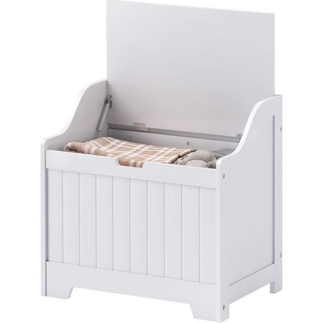 Baúl de almacenamiento de madera blanco con tapa y bisagra de seguridad, 60 x 38 x 56 cm (1/5)