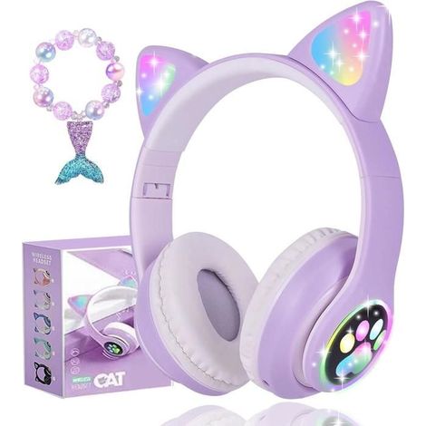 Casque Bluetooth oreilles chat LED sans fil micro musique voyage jeu cadeau violet (1/5)