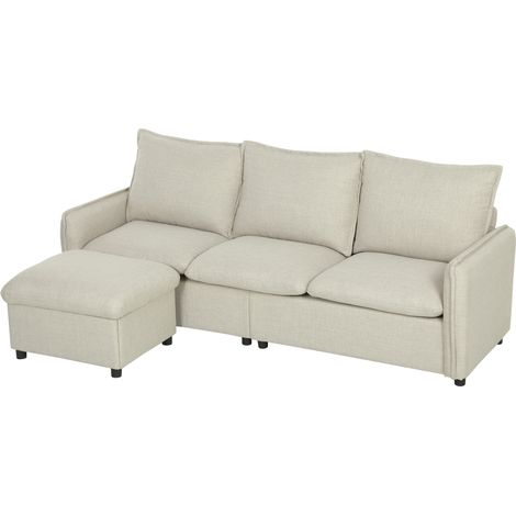 Modulares Ecksofa 212 cm mit Stauraumhocker, Federkernsitz, cremefarbenem Leinenbezug, 3-Sitzer