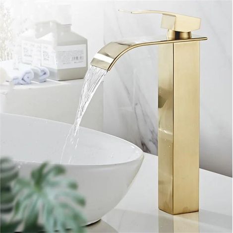 Gebürstete Gold-Waschtischarmatur, große Wasserfall-Waschtischarmatur für Aufsatzwaschbecken, Einhebel-Waschtischarmatur (1/5)