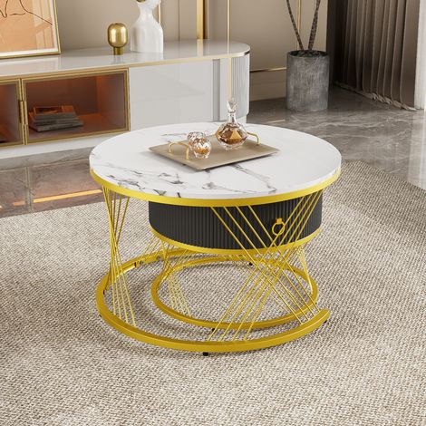 Lot de 2 tables d'appoint modulables à effet marbre, déco dorée, avec tiroirs de rangement, table basse élégante.