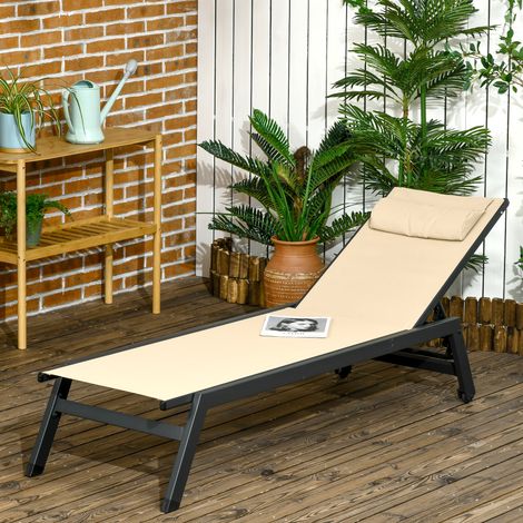 Bain de soleil en transat aluminium et textilène avec roulettes et repose-tête dossier inclinable kaki