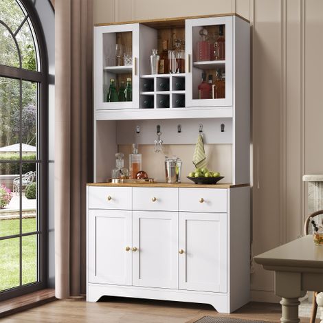 Buffet haut en veinure de bois blanc avec 5 portes et 3 tiroirs, 94,5 x 30 x 175,5 cm (1/5)