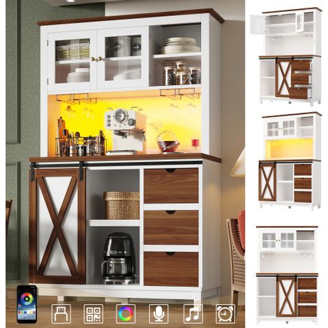 Armoire haute blanche 104×40×180cm MDF porte coulissante style grange vitrée trois tiroirs, éclairage LED pilotable APP réactif musique table de travail ergonomique étagères modulables (1/5)