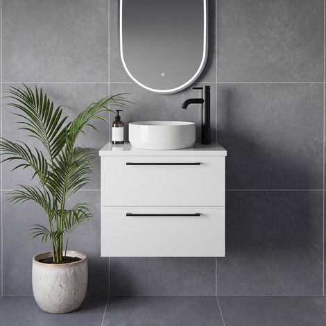 Napoli 390 Gloss White 600mm Wall Mounted 2 Drawer Vanity Unit for Countertop Basins - 600mm - Matt Black 320mm Handle
