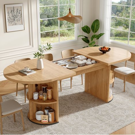 Table à manger ovale extensible 120-160x80 cm avec rangement caché, plateau épais, MDF, naturel (1/5)