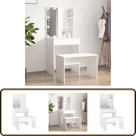 Ensemble de coiffeuse avec LED Blanc Bois d'ingénierie - Table De Maquillage - Coiffeuse Avec Miroir - Meuble De Salle De Bain - Éclairage Led - Rangements