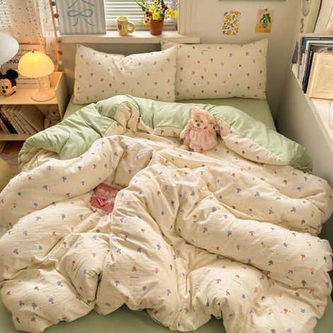 Ultra-weiche Bettwäsche aus gewaschener Baumwolle der Klasse A für Mutter und Baby - 4-teiliges Set mit Bettbezug, Spannbettlaken und Bettlaken 180x220 cm - Ideal für Studentenwohnheime - Buntes Pilzm