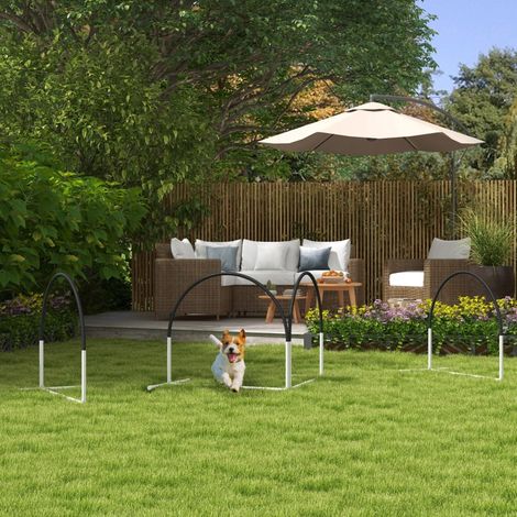 Kit d'agilité pour chien 4 pièces – obstacles dressage canin (89 x 69 x 99 cm), tunnel, saut, planche équilibre, banc, blanc et noir (1/4)