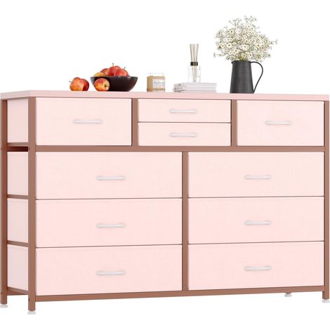 Commode de rangement moderne à 10 tiroirs en tissu – Armoire pour chambre, salon ou entrée – Structure acier robuste – 116x35x80 cm – Couleur rose (1/5)