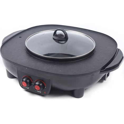 2 In 1 Hotpot und Grill, Elektrischer Hotpot Topf Elektrogrill Antihaft-Rauchloser Grillofen, Indoor Korean BBQ Grill Barbecue Fondue Raclette, für 5-6 Personen