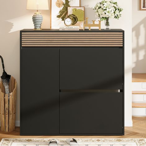 Zapatero estrecho (100x35x105 cm), con cajón, puerta lateral y 2 compartimentos abatibles, MDF y tablero de partículas, negro y madera (1/5)