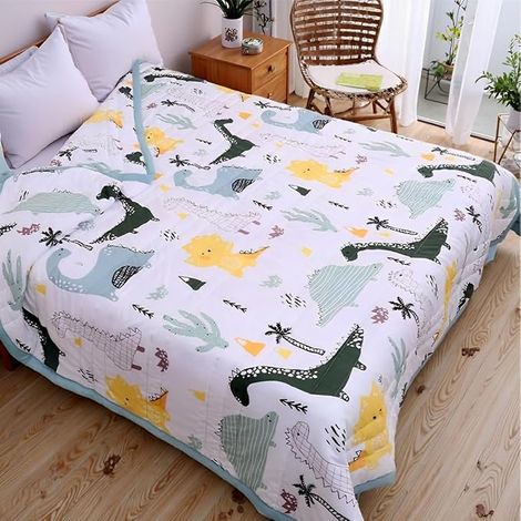 Reversible Quilted Bed Cover, Air Conditioning Blanket, Duvet Bedding Set, Sofa, Air Conditioning, Printed Quilt (Dinosaurus, 140 x 200 cm) (1/5)